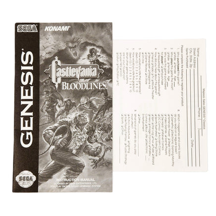 Castlevania Bloodlines Cardboard Box Sega Genesis Like New - Authentic Instruction Manual and Registration Card Shown