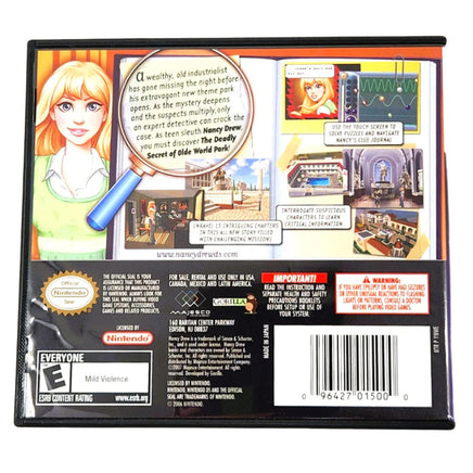 Nancy Drew Deadly Secret of Olde World Parks Nintendo DS Like New - Back of Game Shown