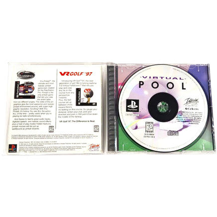Virtual Pool Playstation 1 Good - Disc And Manual Displayed In Open Case