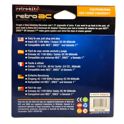 Universal AC Power Supply Adapter Cable for NES, SNES, Genesis 1 System New Back of Box