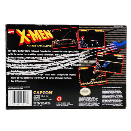 X-Men Mutant Apocalypse Super Nintendo Very Good CIB - Official Game Box Rear Artwork