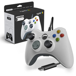 Arbiter Wired Controller For Xbox 360 & PC White Gamepad Replacement Brand New - Front View of Controller Beside Retail Box
