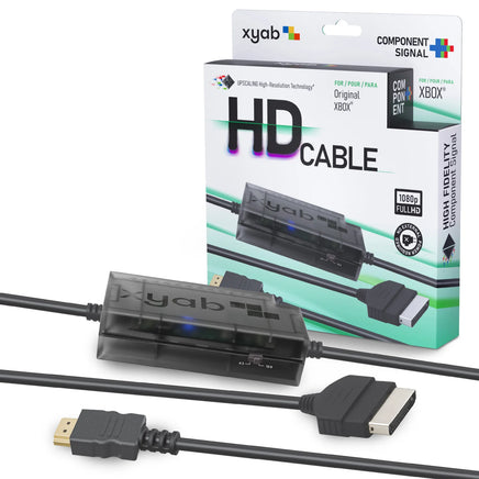 Component HD Link Cable For Original Xbox OG 1080P HDMI Upscaling Plug Play Brand New - View Showing Cable, it's Connector Ends, and 4:3 & 16:9 Aspect Ratio Switch, Displayed Next to Retail Box