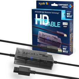 Component HD Link Cable For Nintendo Wii 1080P HDMI Upscaling Plug Play Brand New - View Showing Cable, it's Connector Ends, and 4:3 & 16:9 Aspect Ratio Switch, Displayed Next to Retail Box