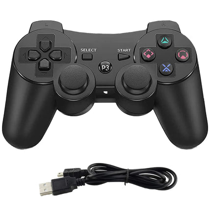 Eclipse Wireless Controller For PlayStation 3 Black Gamepad Replacement Brand New - Front View of Controller Outside of Retail Box to Show Close Up Detail of Buttons and Charging Cable Shown