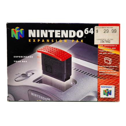 Nintendo 64 Expansion Pak retail box, showing the product packaging with a red and black 4MB accessory cartridge graphic on a white background.