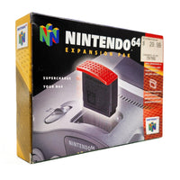 Nintendo 64 Expansion Pak retail box shown at a slight angle, featuring the Nintendo 64 logo, a cartridge graphic with a red top, and a price sticker on the right side.