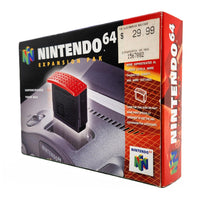 Nintendo 64 Expansion Pak retail box shown at a three-quarter angle on a plain white background. The packaging is predominantly black and red-orange with the Nintendo 64 logo, product name, and a pictured red-and-black cartridge.