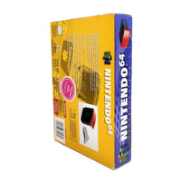 Nintendo 64 4MB Expansion Pak box shown from the back and side, featuring a bright yellow back panel and a blue spine with the NINTENDO 64 logo.