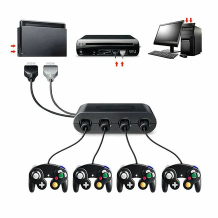 GameCube Controller Adapter Switch Wii U 4-Port Brand New - Illustration showing how product connects to controllers, consoles, or PC