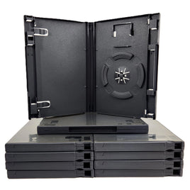 Nintendo GameCube Replacement Game Case 10-Pack – New Empty Case w/ Memory Card Holder - View showing an open case displaying disc holder and memory card slot sitting on top of a stack of neatly arranged cases