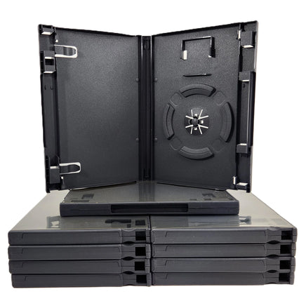 Nintendo GameCube Replacement Game Case 10-Pack – New Empty Case w/ Memory Card Holder - View showing an open case displaying disc holder and memory card slot sitting on top of a stack of neatly arranged cases