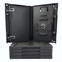 Nintendo GameCube Replacement Game Case 5-Pack – New Empty Cases w/ Memory Card Holder - View showing an open case showing disc holder and memory card slot sitting on top of a stack of cases