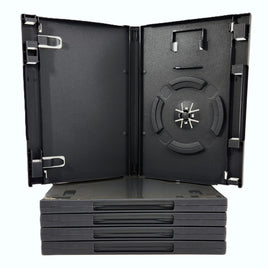 Nintendo GameCube Replacement Game Case 5-Pack – New Empty Cases w/ Memory Card Holder - View showing an open case showing disc holder and memory card slot sitting on top of a stack of cases
