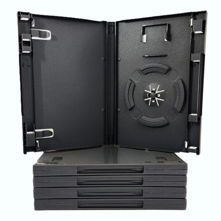 Nintendo GameCube Replacement Game Case 5-Pack – New Empty Cases w/ Memory Card Holder - View showing an open case showing disc holder and memory card slot sitting on top of a stack of cases