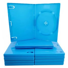 Nintendo Wii U Replacement Game Case 1-Pack – New Empty Blue Disc Case - View of a single open case showing interior sitting on top of a stack of closed and neatly arranged cases