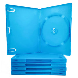 Nintendo Wii U Replacement Game Case 1-Pack – New Empty Blue Disc Case - View of an open case showing interior sitting on top of four other closed cases and stacked neatly