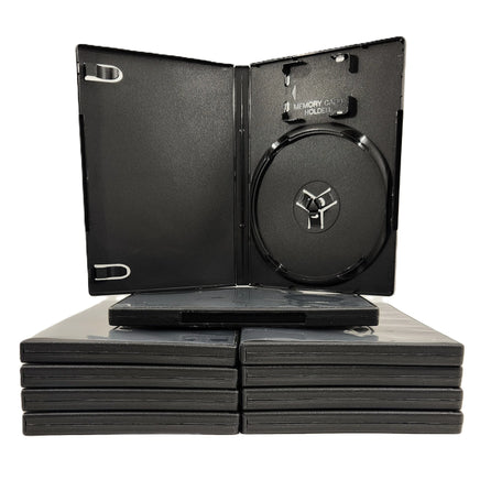 10 Empty PS2 14mm Replacement Cases with Memory Card Holder for PlayStation 2 Games Brand New - Shown Stacked with one case open on top showing memory card slot