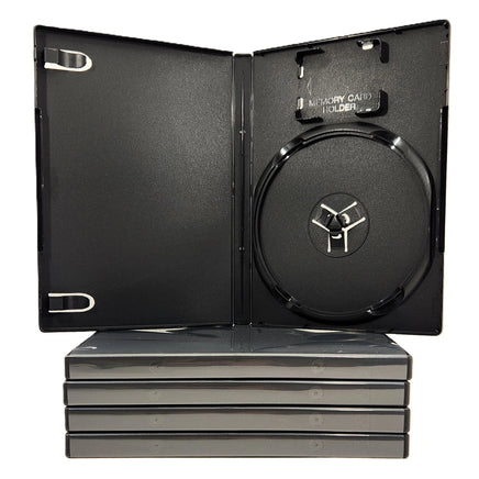 5 Empty PS2 14mm Replacement Cases with Memory Card Holder for PlayStation 2 Games Brand New - Shown Stacked with one case open on top