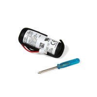PS3 Move Navigation Controller Battery Replacement - PlayStation Nav Controller Pack - Close up view of battery with wires and connector with screwdriver, brand new condition