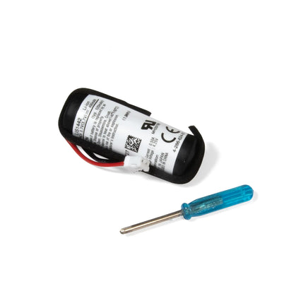 PS3 Move Navigation Controller Battery Replacement - PlayStation Nav Controller Pack - Close up view of battery with wires and connector with screwdriver, brand new condition