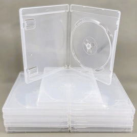 PS3 Replacement Game Case 10-Pack - Empty Disc Case [Clear] - Ten cases stack with one on top opened, brand new condition, loose