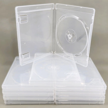 PS3 Replacement Game Case 10-Pack - Empty Disc Case [Clear] - Ten cases stack with one on top opened, brand new condition, loose