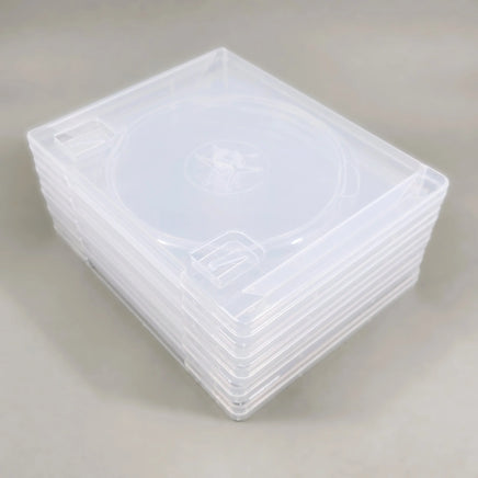 PS3 Replacement Game Case 5-Pack - Empty Disc Case [Clear] - Back view of cases stacked, brand new condition, loose