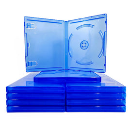 Replacement Game Cases For Sony PlayStation 4 PS4 10 Pack Blue Disc Cases Brand New Loose - View Showing One Open Empty Case Sitting On Top of Stack of Cases