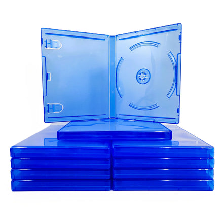 Replacement Game Cases For Sony PlayStation 4 PS4 10 Pack Blue Disc Cases Brand New Loose - View Showing One Open Empty Case Sitting On Top of Stack of Cases