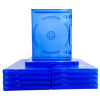 Replacement Game Cases For Sony PlayStation 4 PS4 10 Pack Blue Disc Cases Brand New Loose - View Showing One Empty Closed Case Standing on Top of Neatly Stacked Cases