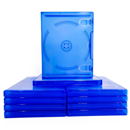 Replacement Game Cases For Sony PlayStation 4 PS4 10 Pack Blue Disc Cases Brand New Loose - View Showing One Empty Closed Case Standing on Top of Neatly Stacked Cases