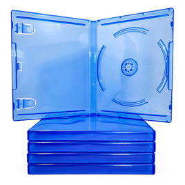 Replacement Game Cases For Sony PlayStation 4 PS4 5 Pack Blue Disc Cases Brand New Loose - View Showing One Open Case sitting on top of stack of cases