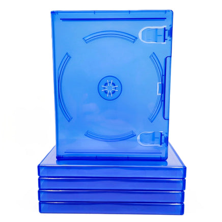 Replacement Game Cases For Sony PlayStation 4 PS4 5 Pack Blue Disc Cases Brand New Loose - View Showing One Closed case sitting atop a stack of cases