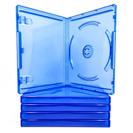 Replacement Game Cases For Sony PlayStation 4 PS4 5 Pack Blue Disc Cases Brand New Loose - View Showing One Open Case sitting on top of stack of empty cases