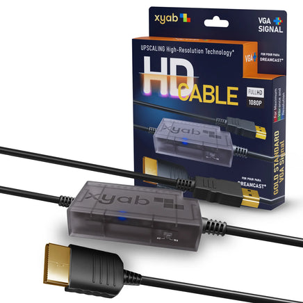 VGA HD Link Cable For Sega Dreamcast 1080P HDMI Upscaling Plug Play Brand New - Retail Box and Product Close Up Showing Cable End Connectors