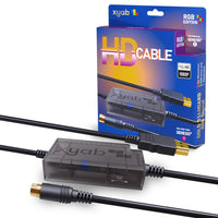 RGB HD Link Cable For Sega Genesis Model 1 1080P HDMI Upscaling Plug Play Brand New - View Showing Cable, it's Connector Ends, and 4:3 & 16:9 Aspect Ratio Switch, Displayed Next to Retail Box