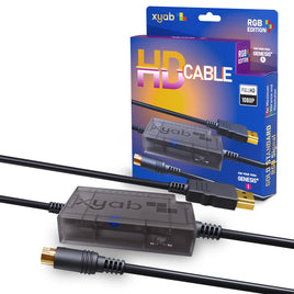 RGB HD Link Cable For Sega Genesis Model 1 1080P HDMI Upscaling Plug Play Brand New - View Showing Cable, it's Connector Ends, and 4:3 & 16:9 Aspect Ratio Switch, Displayed Next to Retail Box