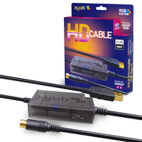 RGB HD Link Cable For Sega Genesis Model 2 & 3 1080P HDMI Upscaling Plug Play Brand New - View Showing Cable, it's Connector Ends, and 4:3 & 16:9 Aspect Ratio Switch, Displayed Next to Retail Box