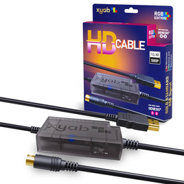 RGB HD Link Cable For Sega Genesis Model 2 & 3 1080P HDMI Upscaling Plug Play Brand New - View Showing Cable, it's Connector Ends, and 4:3 & 16:9 Aspect Ratio Switch, Displayed Next to Retail Box