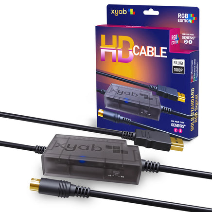 RGB HD Link Cable For Sega Genesis Model 2 & 3 1080P HDMI Upscaling Plug Play Brand New - View Showing Cable, it's Connector Ends, and 4:3 & 16:9 Aspect Ratio Switch, Displayed Next to Retail Box