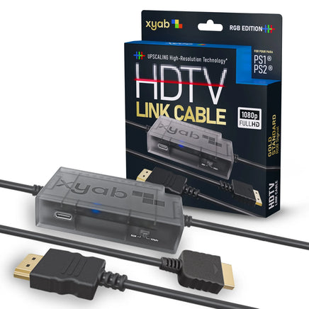 RGB HD Link Cable For PlayStation 1 & 2 PS1 PS2 1080P HDMI Upscaling Plug Play Brand New - View Showing Cable, it's Connector Ends, and 4:3 & 16:9 Aspect Ratio Switch, Displayed Next to Retail Box