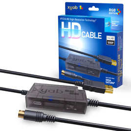 RGB HD Link Cable For Sega Saturn 1080P HDMI Upscaling Plug Play Brand New - View Showing Cable, it's Connector Ends, and 4:3 & 16:9 Aspect Ratio Switch, Displayed Next to Retail Box