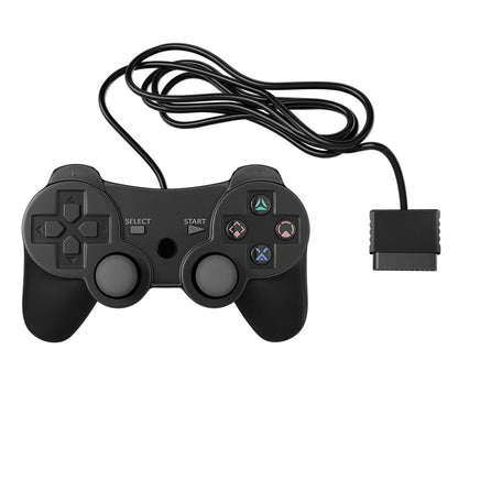 Sentinel Wired Controller For PlayStation 2 Black Gamepad Replacement Brand New - View Showing Game Pad Outside of Retail Box to Shot Detail of GamePad, Cord, and Console Connector