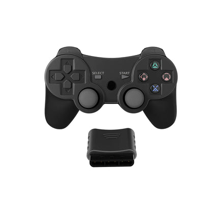 Specter Wireless Controller For PlayStation 2 Black Gamepad Replacement Brand New - Straight On View of Controller and Receiver Outside of Retail Package