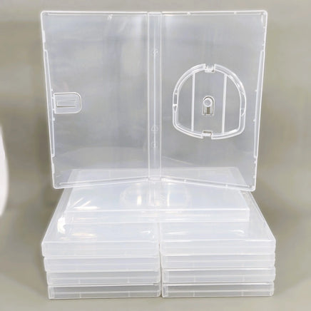 Sony PSP Replacement Game Case 10-Pack – Empty Clear UMD Disc Storage Case - View of one open case sitting neatly atop a stack of close cases