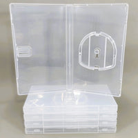 Sony PSP Replacement Game Case 5-Pack – Empty Clear UMD Disc Storage Case - View showing open case sitting on top of a stack of neatly arranged cases