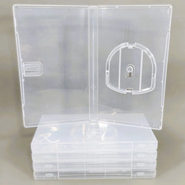 Sony PSP Replacement Game Case 5-Pack – Empty Clear UMD Disc Storage Case - View showing open case sitting on top of a stack of neatly arranged cases