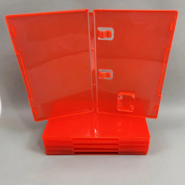Nintendo Switch 2 Replacement Game Case 5-Pack - Empty Cartridge Cases [Red] - View of an open case showing manual clips and cartridge holder sitting on top of a stack of 4 more closed cases, new condition