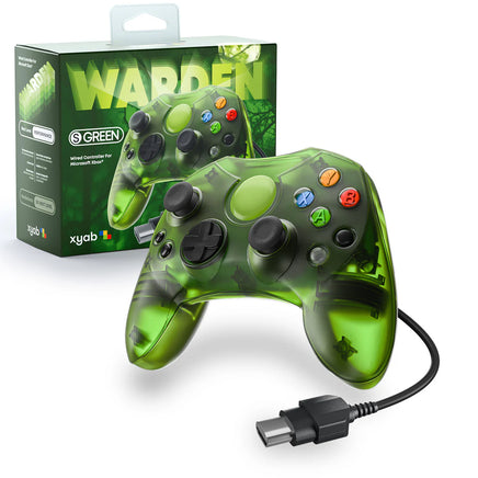 Warden Wired Controller For Original Xbox Clear Green Gamepad Replacement Brand New - Front View of Controller Sitting Outside of Retail Box